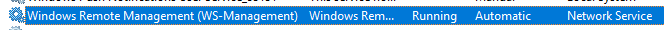 Windows 服务管理器界面，显示 Windows Remote Management (WS-Management) 服务处于 Running 状态，启动类型为 Automatic，登录为 Network Service