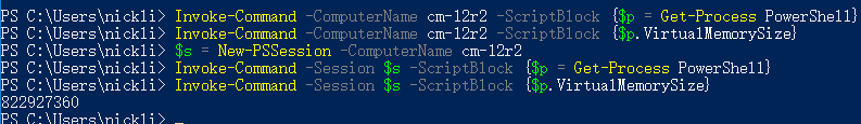PowerShell 通过 Invoke-Command 和 PSSession 在远程主机 cm-12r2 上获取 PowerShell 进程及其虚拟内存大小，输出显示 VirtualMemorySize 值