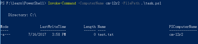 PowerShell 使用 Invoke-Command 通过 FilePath 参数在远程主机 cm-12r2 上执行 task.ps1 脚本，输出显示远程主机 C:\ 目录中的 test.txt 文件