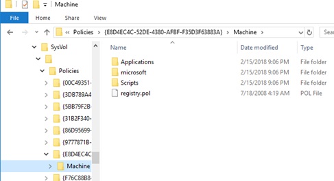 Windows 文件资源管理器中显示 SysVol/Policies/{E8D4E4C4-52DE-4380-AFBF-F35D3F68383A}/Machine 目录内容，包括 Applications、microsoft、Scripts 文件夹及 registry.pol 文件。