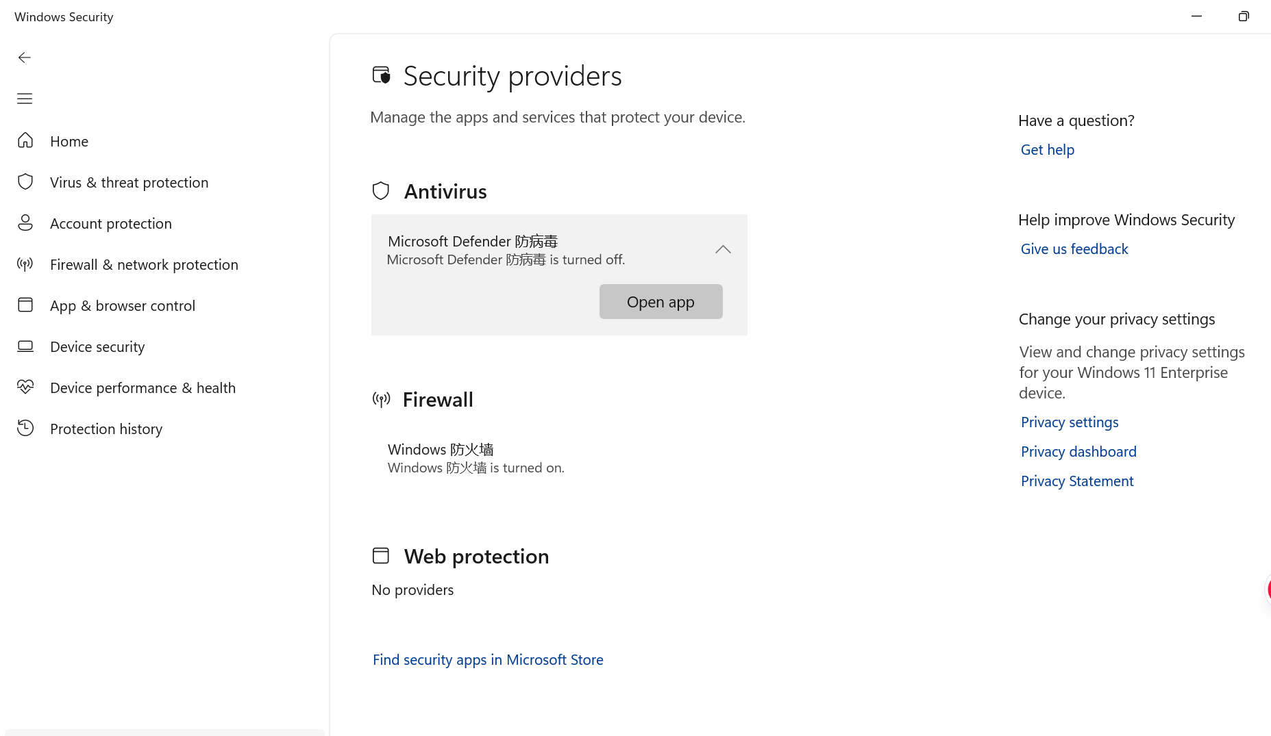 Windows Security“安全提供程序”页面,显示 Microsoft Defender 防病毒已关闭,而 Windows 防火墙已开启